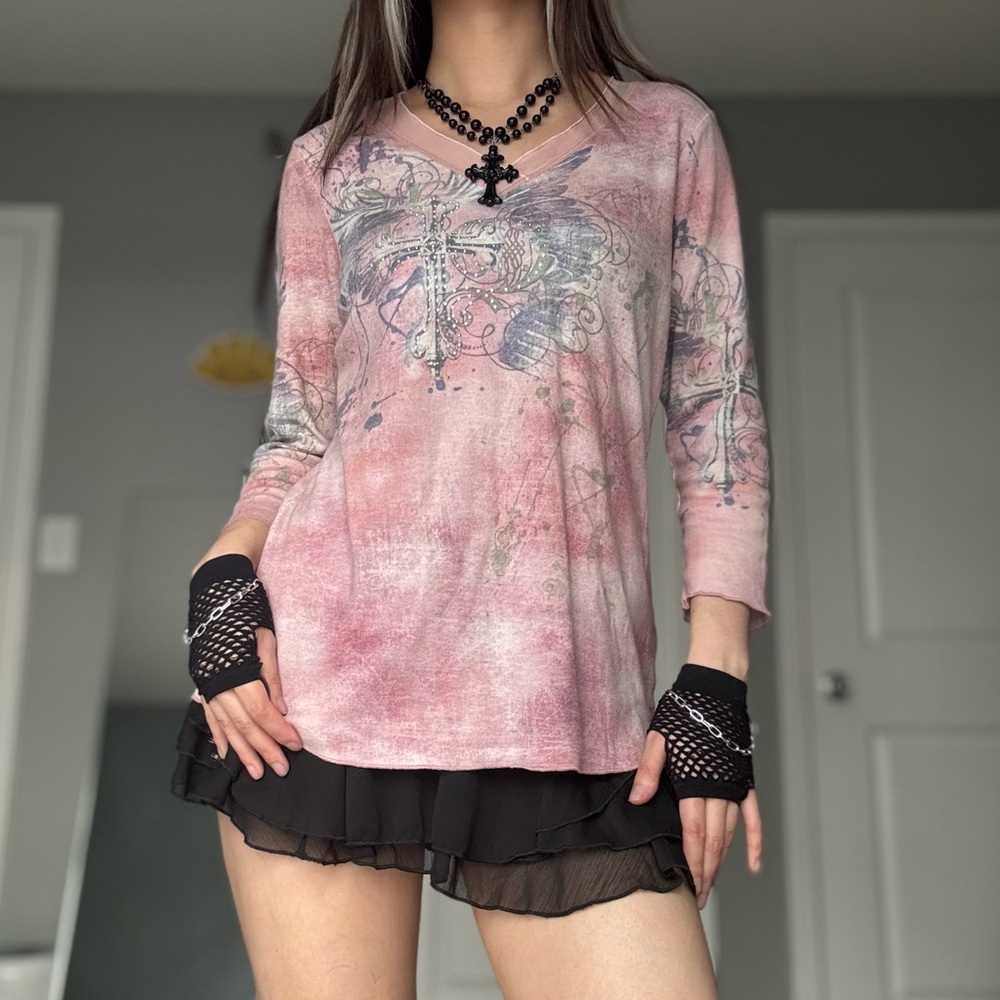 Oneworld Y2K Pink Fairy Grunge Graphic Cross Top with Rhinestones